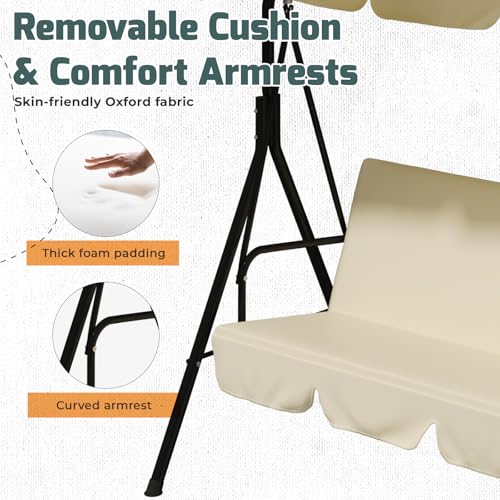 Image of AECOJOY Porch Swing with Stand, 3-Seat Outdoor Clearance Porch Swings for Adults, Outdoor Patio Swing with Adjustable Canopy & Removable Cushion for Backyard, Garden, Balcony, Beige