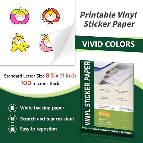 Glossy Printable Vinyl Sticker Paper for Inkjet & Laser Printer - 30 Sheets - 8.5\" x 11\" - Waterproof, Dries Quickly Vivid Colors