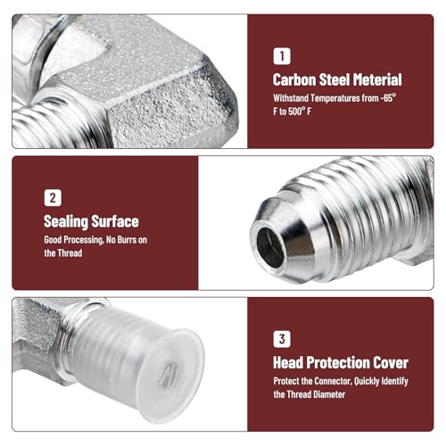 Image of 90 Elbow Hydraulic Fitting: 1 /4 inch JIC Male x 1 /4 inch JIC Female | 5 Pack Carbon Steel Hydraulic Hose Swivel Crimp Adapters with Protective Cover for Hydraulic Assembly System - 6500-04-04