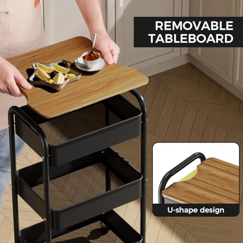 3 Tier Rolling Cart with Table top, Metal Rolling Utility Cart, Storage Organizer Cart with Locking Wheels & Hooks for Office, Classroom, Kitchen and Bathroom, Black by johgee - Image 3