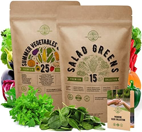 25 Summer Vegetable & 15 Salad Greens Seeds Variety Packs Non-GMO Heirloom Seeds for Planting Indoor and Outdoor. Over 9000 Seeds.