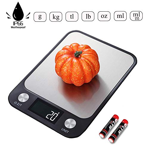Digital Food Kitchen Scales Electronic Weighing Scales 10KG Waterproof Stainless Steel Measuring Scale with Large Back-Lit LCD Display,Ultra Slim,Easy to Clean,Black