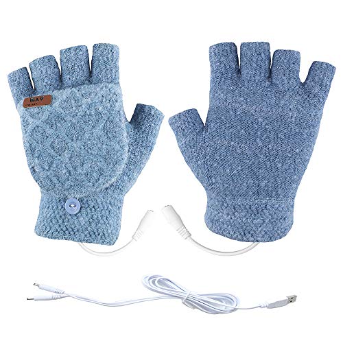Unisex USB Heated Gloves Mitten Winter Warm Hands Knitting Heated Laptop Gloves,Half&Full Finger Mittens for Women Men Girls Boys- Best Winter Gift Choice (Light Blue)