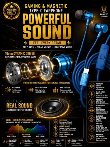 Image of Gaming Type-C Wired Earphone with Mic, 10mm Dynamic Bass Driver, Magnetic in-Ear Headphones, Low Latency Sound for Gaming, 1 Button Control, HD Calling, Voice Assistant, (LITE Blue)