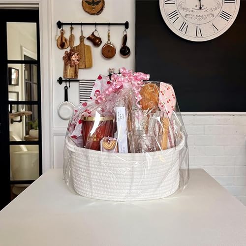 Geschenkkorb Leer, Geflochten Korb für Geschenke mit Geschenkfolie und Geschenkschleife, Präsentkorb Leer Aufbewahrungskorb für Geburtstag Hochzeit Ostern Erntedank Weihnachten