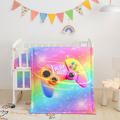 Image of Crib Bedding Set, 3-Piece Nursery Bedding with Comforter, Crib Sheet & Crib Skirt, Rainbow Gamepad Printed for Baby Boys and Girls