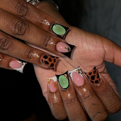 Image of Duck Press on Nails French Tip Fake Nails Leopard Print Glue on Nails with Rhinestone Design Glossy Full Cover Reusable Artificial Acrylic Star Stick on Nail for Women Manicure 24Pcs