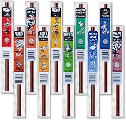 Buffalo Bob's Wild Game Meat Snacks (1oz Stick, 10 Pack) Exotic Variety Assortment Sampler, Gift for Men/Dad, Stocking Stuffer , Adventure Enthusiast