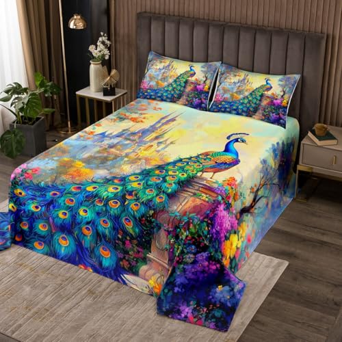 Manfei Peacock Bedspread Twin Size, Watercolor Flower Castle Coverlet Set, Cartoon Wildlife Quilted Coverlet with 1 Pillowcase, Kids Girls Room Decor, Soft Polyester Bedding Quilt