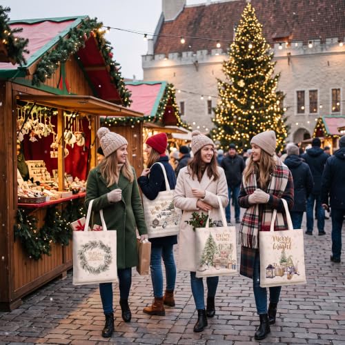 Image of Paterr 12 Pcs Neutral Christmas Canvas Tote Bags Bulk Reusable Christmas Gift Bags with Handles Xmas Reindeer Snowman Canvas Handbags for Women Xmas Gifts Church Farmhouse Party Decor Supplies