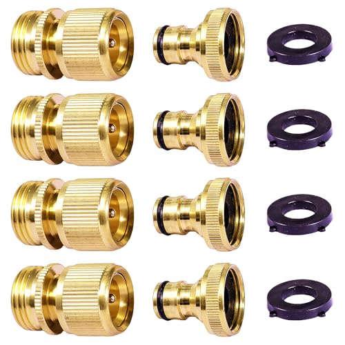 Image of Garden Hose Quick Connect Solid Brass Quick Connector Garden Hose Fitting Water Hose Connectors 3/4 inch GHT (4 Female+ 4Male) (style 2-4 Sets)