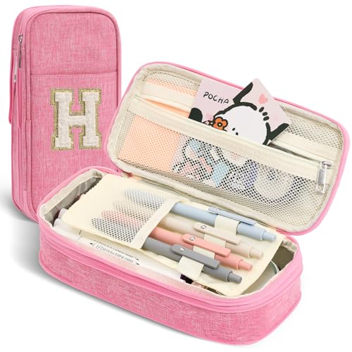 Image of Pencil Bag, Pencil Case for Girls Women, Preppy Pencil Case, Large Initial Pencil Pouch with Zipper, Back to School Supplies, Aesthetic Pen Case Box for Kids Teen Girls - H(Pink)