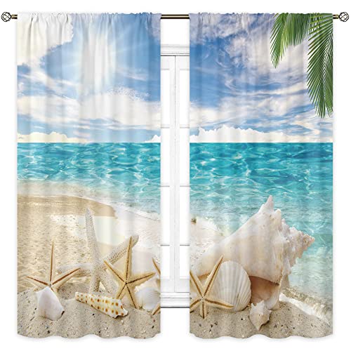 Cinbloo Tropical Ocean Beach Curtains Rod Pocket 42Wx63L Inch Nautical Coastal Sea Starfish Seashell Landscape Seashore Scenery Seascape Sand Hawaiian Bedroom Living Room Window Drapes Fabric 2 Panel #TOP1
