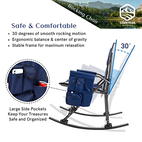 Coastrail Outdoor Folding Rocking Camping Chair High Back Padded Lawn Chair With Foldable Cup Holder, Side Storage, Back Pocket For Camping Hiking Heavy Duty 350Lbs Weight Capacity, Navy #TOP3