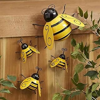 Metal Bumble Bee Decorations, 4Pcs Hanging Metal Bee Wall Sculpture Statue, Cute Bee Ornaments Decor for Outdoor Spring Garden Lawn