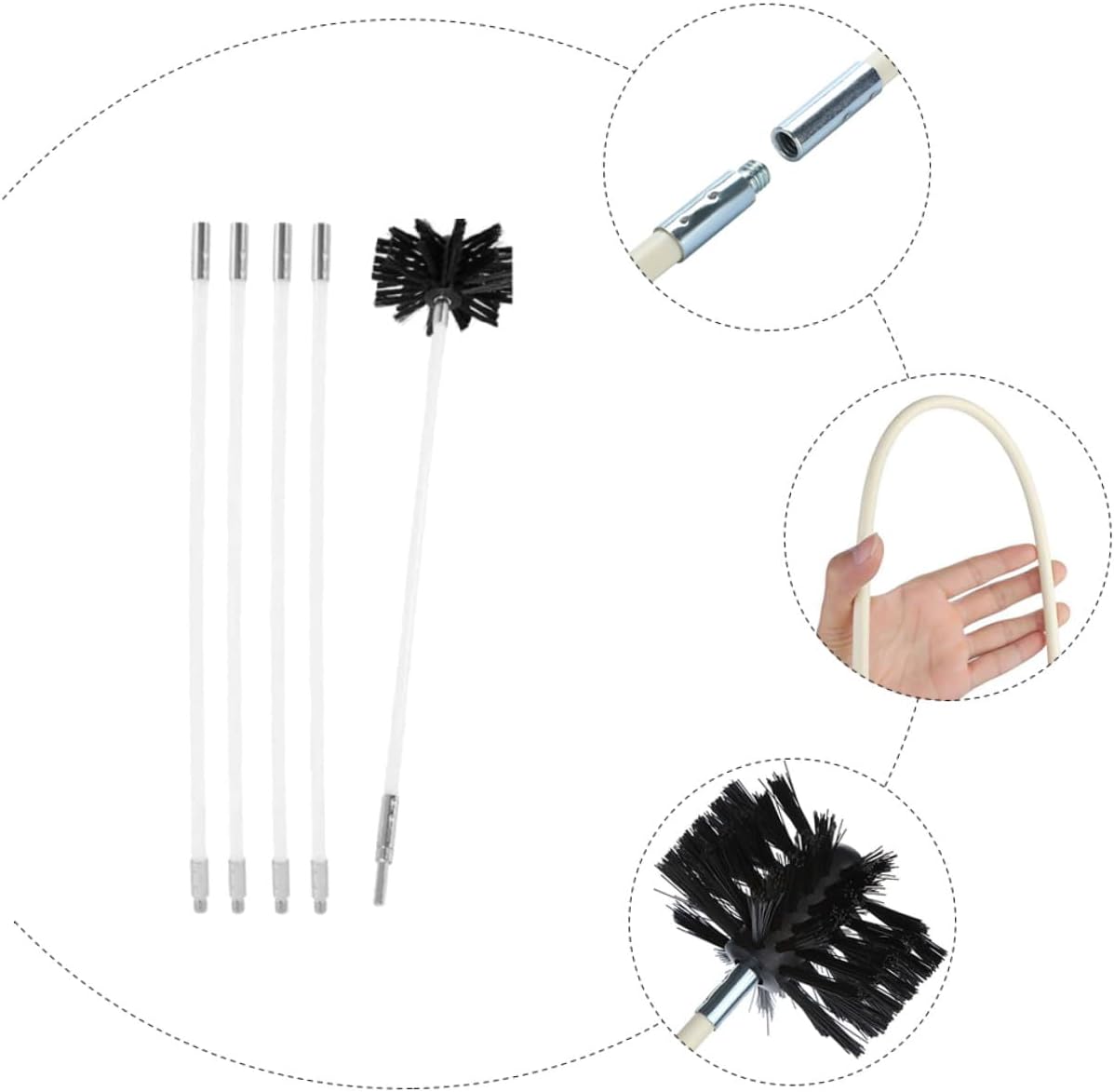 Flexible Chimney Cleaning Brush Kit 610mm with 4 Extendable Rods and Lint Remover Dryer Vent Brush for Fireplace, Duct, and Stove Interior Cleaning