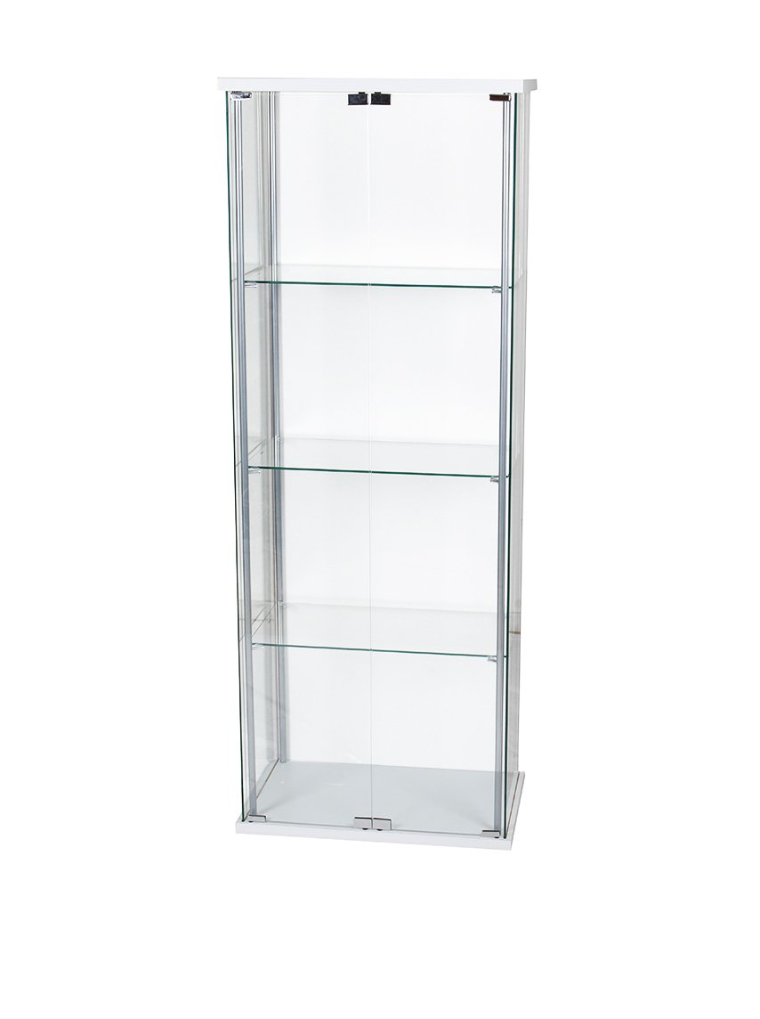 Vetrina Moderna 2 Ante in Vetro Temperato Bianca 60,5x36,5x163 cm – Mobile Contenitore per Soggiorno o Cucina, con Struttura in Metallo e Laminato, 3 Ripiani Fissi