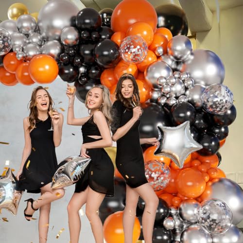 Image of MEBAY Orange Black and Metallic Silver Balloons Garland Arch Kit, 146 Pcs Latex Balloons with Confetti for Birthday Party Graduation Father's Day Anniversary Bachelorette Party Decoration
