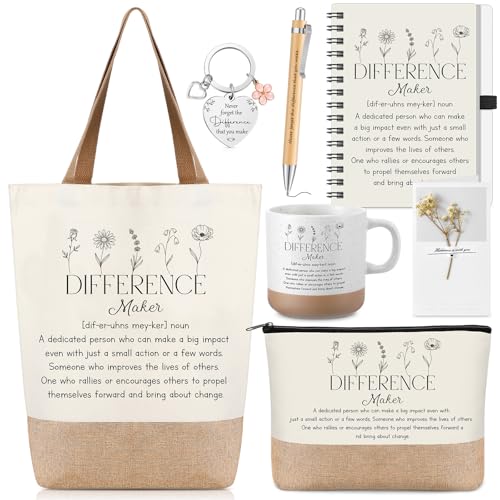 Suclain 7 Pcs Difference Maker Appreciation Gifts Spiral Notebook Coffee Mug Canvas Bag Makeup Bag Ballpoint Pen Inspirational Keychain Card Thank You Gift for Women Coworker Employee