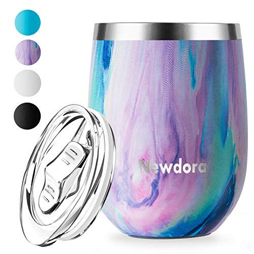 Newdora 12 OZ Edelstahl Stemless Weinglas Becher Auslaufsicher Doppelwandiger vakuumisolierter Bulk Weinbecher mit Deckel Perfekt für Kaffee, Wein, Cocktails, Getränke, 380 ml, BPA Frei(Irisierend)