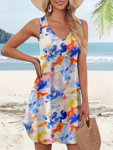 Image of Aokosor Womens Summer Dresses 2026 Loose V Neck Sleeveless Dress Sundresses Swimsuit Coverup Vacation Outfits