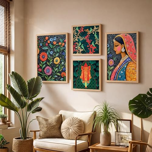 Image of NoWorries Indian Folk Art Wall Frame Set of 4 | Traditional Ethnic Wall Painting Decor | Wooden Framed HD Printed Artwork for Living Room Bedroom Hallway Office Home Decoration