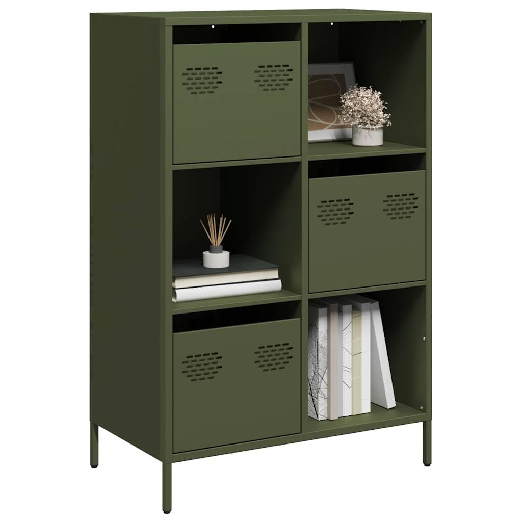 Wysoka komoda w kolorze oliwkowo-zielonym, ze stali walcowanej na zimno, 68 x 39 x 103,5 cm, z 3 szufladami i 3 przegródkami, uniwersalny kredens do salonu, kuchni i biura, łatwa w utrzymaniu