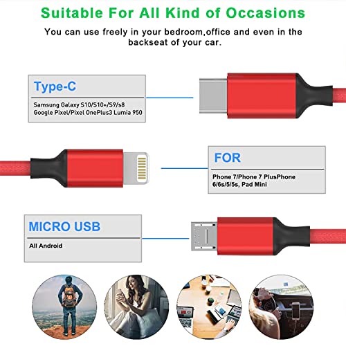 Image of BESTOR 3-in-1 Multi Charging Cable - Nylon Braided Fast Charging Cable for Android, iOS, Type-C Devices - Compatible with Smartphones & Tablets (Red)
