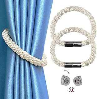 Magnetic Curtain Tie Backs, 2 Pack Modern Simplicity Curtain Rope Holdbacks with Strong Magnet, 22 Inch Braided Rope Curtain Holder Decoration for Thin or Thick Home and Office Curtains (Beige)