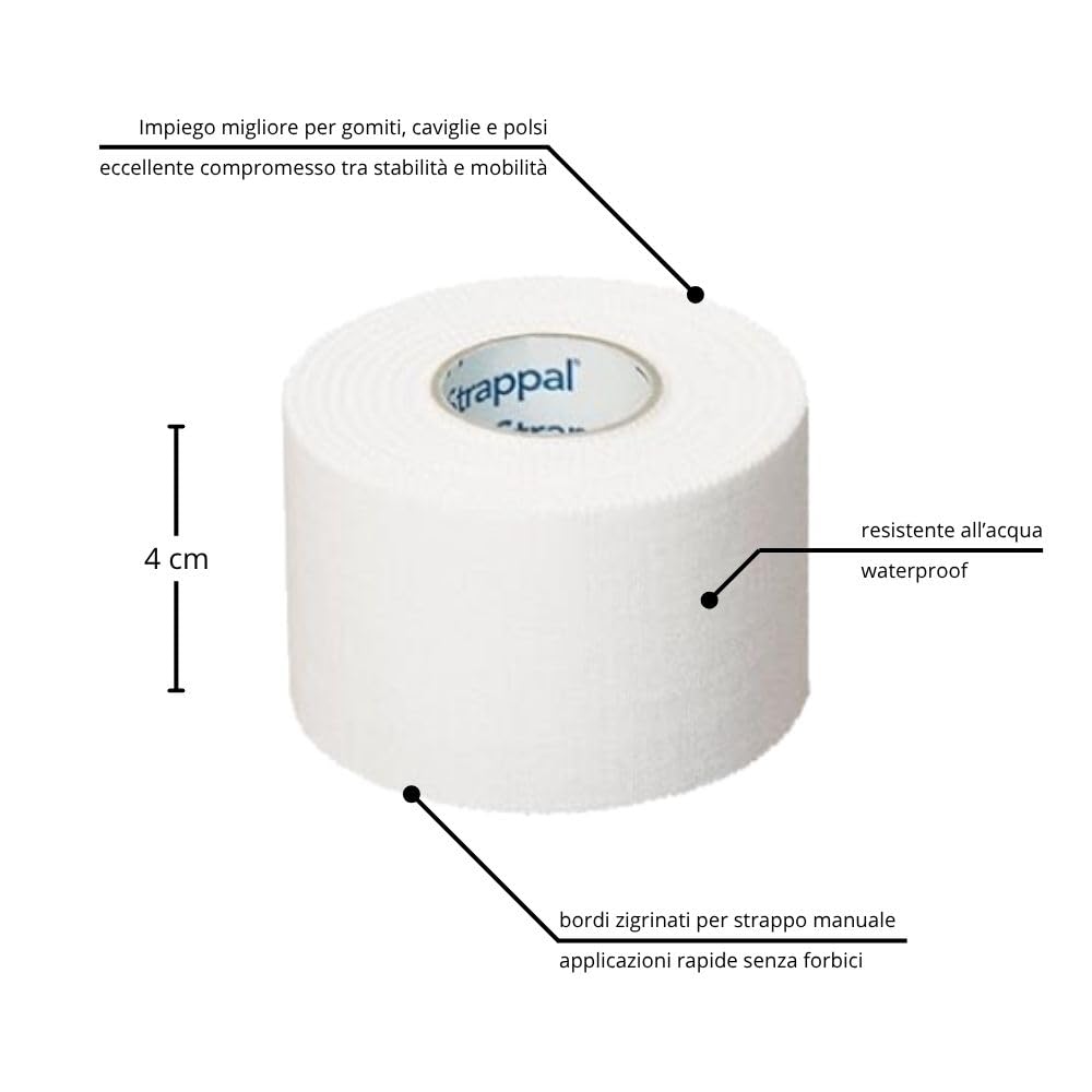 Strappal nastro taping sportivo anelastico professionale tape zigrinato all’ossido di zinco per bendaggi funzionali, stabilizzazione articolare, fisioterapia e sport | latex free | 4 cm x10 m 12 pz