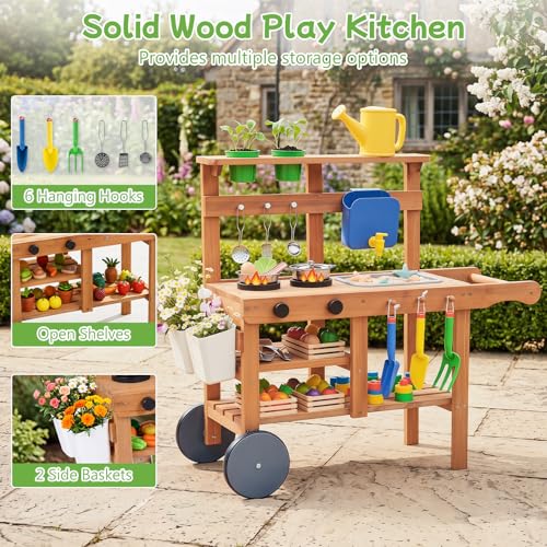 Image of HONEY JOY Mud Kitchen with Wheels, Fir Wood Outside Play Kitchen for Toddlers, Realistic Faucet & Water Tank, 15 Garden Tools, Storage Shelf, Planter Cups, Mud Table for Kids Outdoor Backyard,Natural