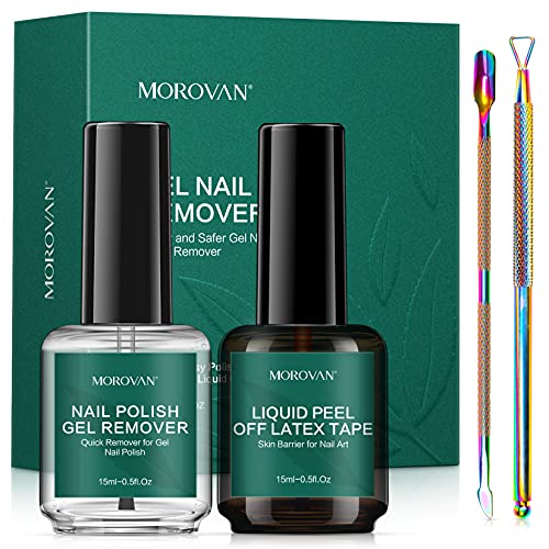 Morovan Gel Nail Polish Remover Kit - 2 Pack Non-Acetone Nail Remover Set Latex Tape Peel Off Liquid - Professional Quick Easy Remove Fingernail Soak-Off UV Gel Polish Coat 2-3 Minutes, 15ml/0.5fl.oz