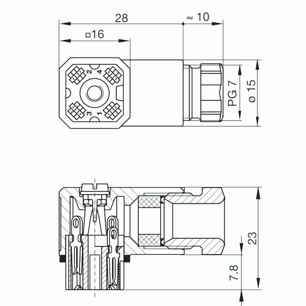 Żeńskie gniazdo zaworu elektromagnetycznego - kątowe 4-pinowe złącze zasilania z ochroną IP65, 50 V AC/DC