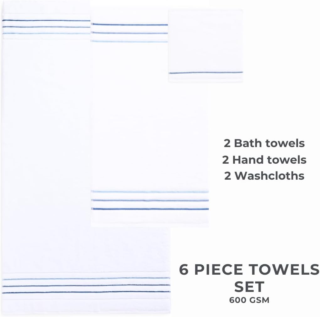 Bath Towel Set_White Towel For Bathroom, Luxury Hotel &Spa Quality, 100% Cotton .Includes 2 Large Bath Towels, 2 Hand Towels and 2 Washcloths.Super Soft, Absorbent & Decorative (White/Azure Blue) - Image 7