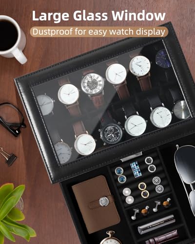 Image of Uten 12-Slot Watch Box, 2-Layers PU Leather Watch Case with Glass Lid, Watch Holder Organizer with Soft Pillow and Velvet Lining, Watch and Jewelry Storage Box, Black