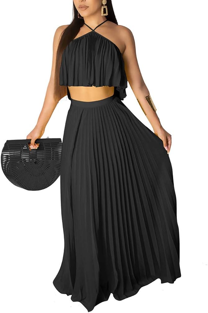 Aro Lora Vestido largo de gasa sexy sin mangas con volantes para mujer, falda larga plisada de 2 piezas