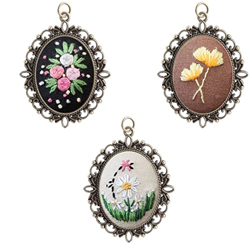 Image of levylisa Embroidery Beginner Kit 3 Patterns Embroidery Starter Kit with Hoop Embroidered Stitching Necklace Pendants Floral Plate Jewelry Necklace for DIY Art Crafts Sewing and Hanging(Type 2)