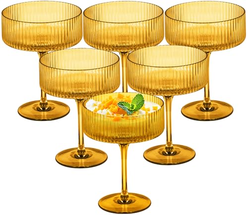 Rkyhwowby 6 PCS Ribbed Coupe Glasses Amber Plastic Champagne Coupe Cup 10.5oz Espresso Martini Glass Shatterproof Acrylic Vintage Margarita Glassware Cocktail Glass for Thanksgiving Wedding - image 1