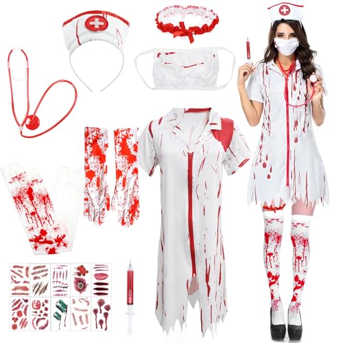 9 Stück Halloween Kostüm Damen, Zombie Krankenschwester Kostüm Damen, Blutige Krankenschwester Kostüm, Halloween Blut Kostüms damen Set Schaurige Horror Braut Zombie Fasching Party Cosplay Zubehör