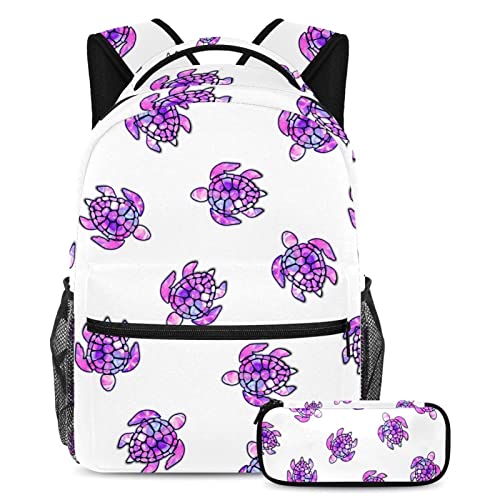 Sac à dos avec trousse motif tortue violette cartable scolaire enfant daypack multicolore