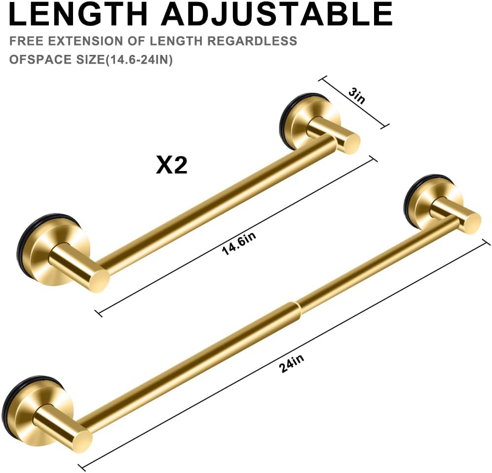 MGahyi Towel Racks for Bathroom, Adjustable Suction Cup Towel Bar, Stainless Steel Towel Bar for Bathroom Wall, Glass Door, Tile, Extendable No Drill Bath Shower Towel Holder (2, Gold, 14.6-24Inch)