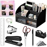 COMFYROOM Black Desk Accessories with Pen Holder, Office Supplies Desk Organizers and Accessories, Tape Dispenser, Stapler, Staple Remover, Staples, Clips Set, Ruler, Scissor, Pen, Tape (Black)