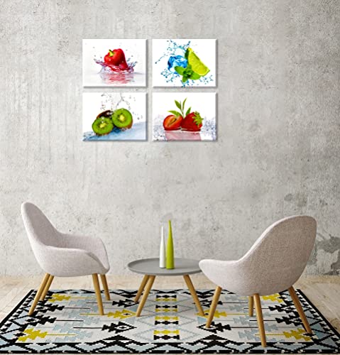 Kitchen Pictures Wall Decor, 4 Piece Set Colorful Fruits And Ices Canvas Wall Art, Cool Summer Canvas Prints For Dining Room (Water Proof Artwork, Bracket Mounted Ready Hanging, 1" Thick) #TOP6