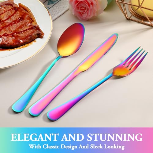 36 Pcs Rainbow Silverware Set with Steak Knives, Stainless Steel Flatware Cutlery Set for 6, Kitchen Tableware Sets, Utensil Sets for Home and Restaurant, Dishwasher Safe by MUTNITT - Image 6
