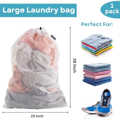 Image of MUTMAIN Mesh laundry Bag for washing machine Large, Clothes Organizer, Foldable Mesh Laundry Bag with drawstring closure, Cloth Storage Organizer, Travel Pouch Packing Bags, (White, Pack of 1)