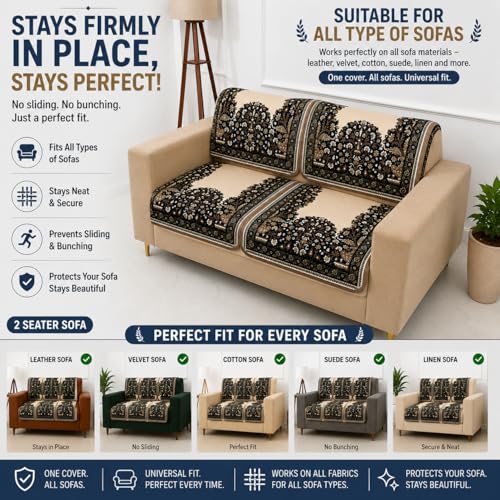Image of Homerz Premium 'Maharaja Paradise Series' Sofa Cover | Net Fabric Sofa Cover | Washable, Anti-Dust Backed & Wrinkle Resistant Cover (Beige Empress, 2 Seater, Seat Cover with Backrest)