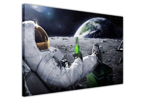 Leinwandbild, Kunstdruck, entspannter NASA-Astronaut mit Bier auf Mond mit Blick auf die Erde, Bilder, Raumdekoration, Druck, Home Art, Foto, Poster, canvas holz, 7- 30 X 20 (76CM X 50CM)