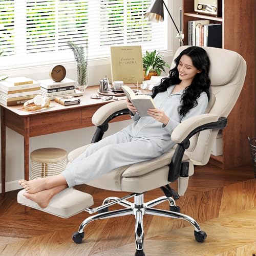 Image of 500LBS Massage Office Chair, Reclining 6 Points Vibration and Heat Desk Chair with Foot Rest, Ergonomic Executive Office Chairs, Comfy Wider & Thicker Seat, Big and Tall Gaming Chair, PU Leather Beige