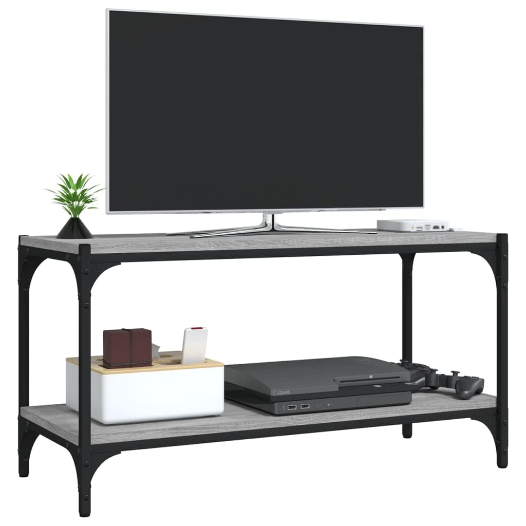 Mobile TV in legno grigio rovere sonoma 80 x 33 x 41 cm con telaio in acciaio, 2 ripiani e piano solido, stile industriale per il soggiorno.
