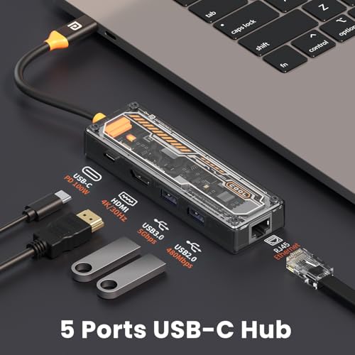 Image of Portronics MPort View One 5-in-1 USB Type-C USB Hub /Docking Station,Type-C PD&Data, USB 3.0 SuperSpeed,USB 2.0,RJ45 Ethernet, 4K@30Hz HDMI,Transparent Case for Laptop, PC & More (Black)